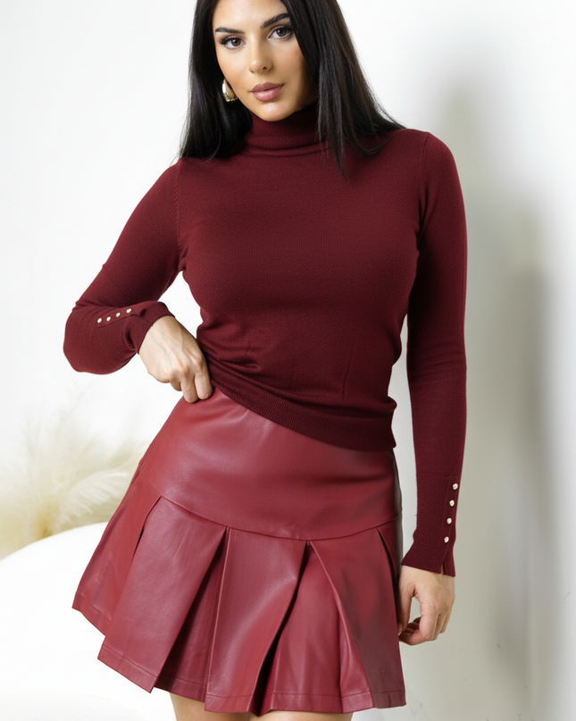 Brick Red Pleated PU Leather Skirt
