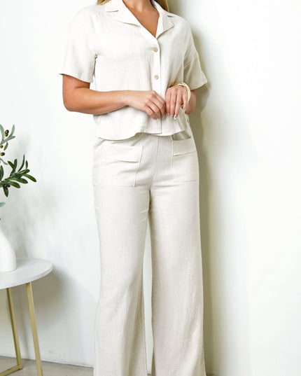 Beige Front Button Down Linen Set