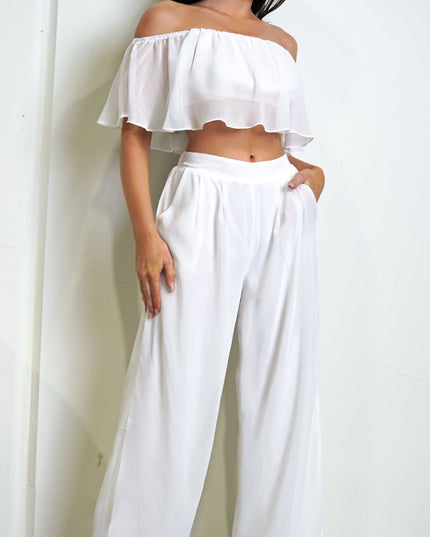 White Off Shoulder Wide Leg Pant Set