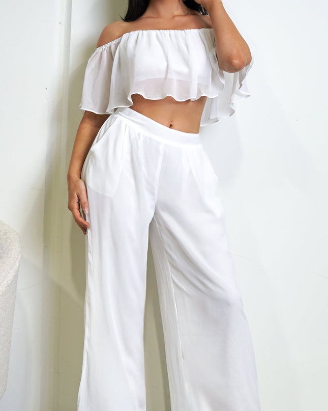 White Off Shoulder Wide Leg Pant Set