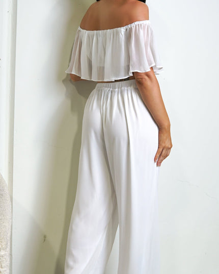 White Off Shoulder Wide Leg Pant Set