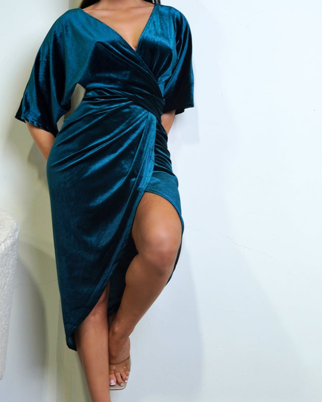 Teal V Neck Velvet Midi Dress