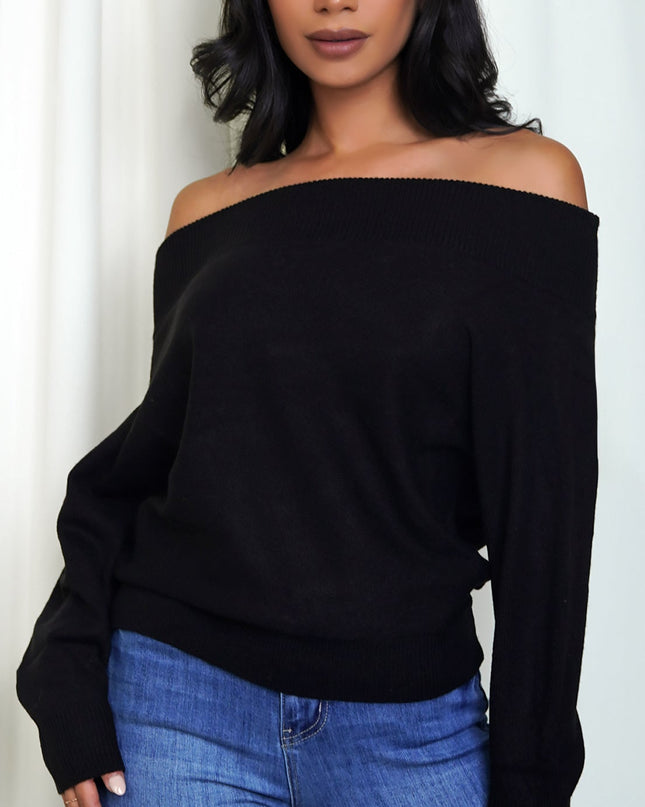 Black Off Shoulder Dolman Sleeve Sweater Top