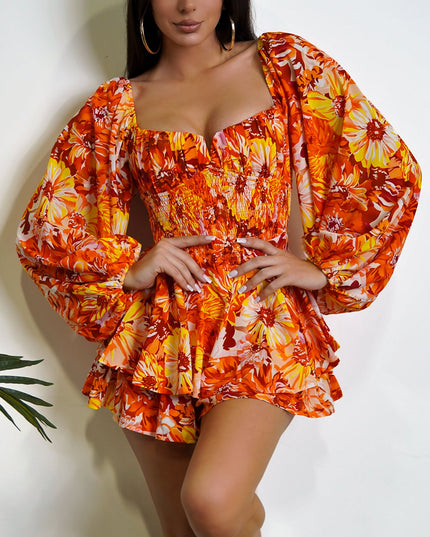 Orange Multi Color Floral Print Romper