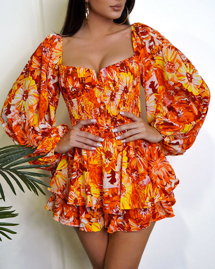 Orange Multi Color Floral Print Romper