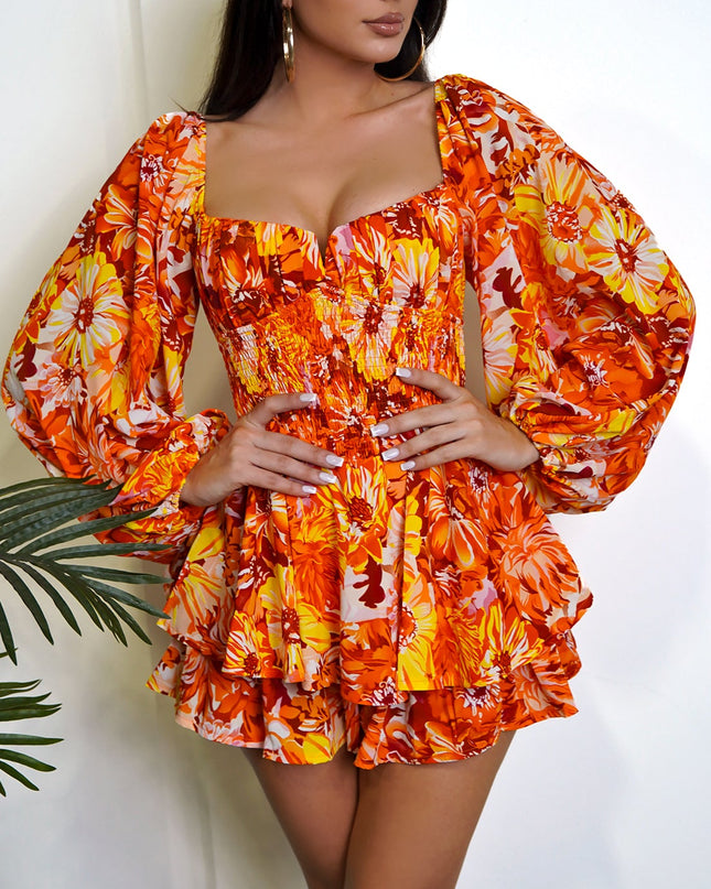 Orange Multi Color Floral Print Romper
