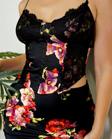 Black Red Rose Floral Print Lace Satin Set