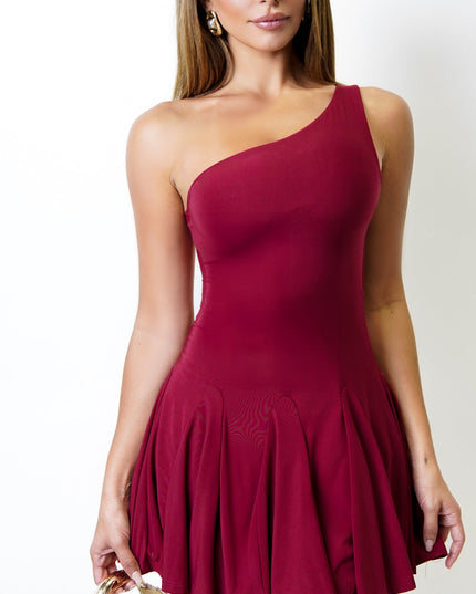 Burgundy Midnight Hour One Shoulder Pleated Mini Dress