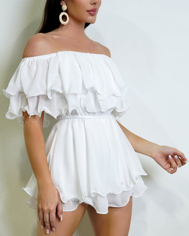 White Off Shoulder Ruffled Romper