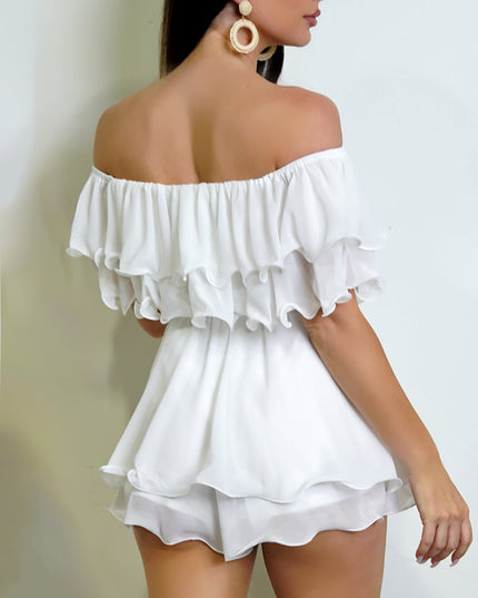 White Off Shoulder Ruffled Romper