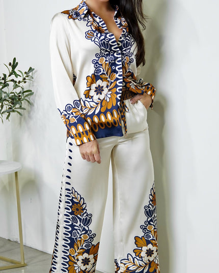 Cream Floral Print Satin Set