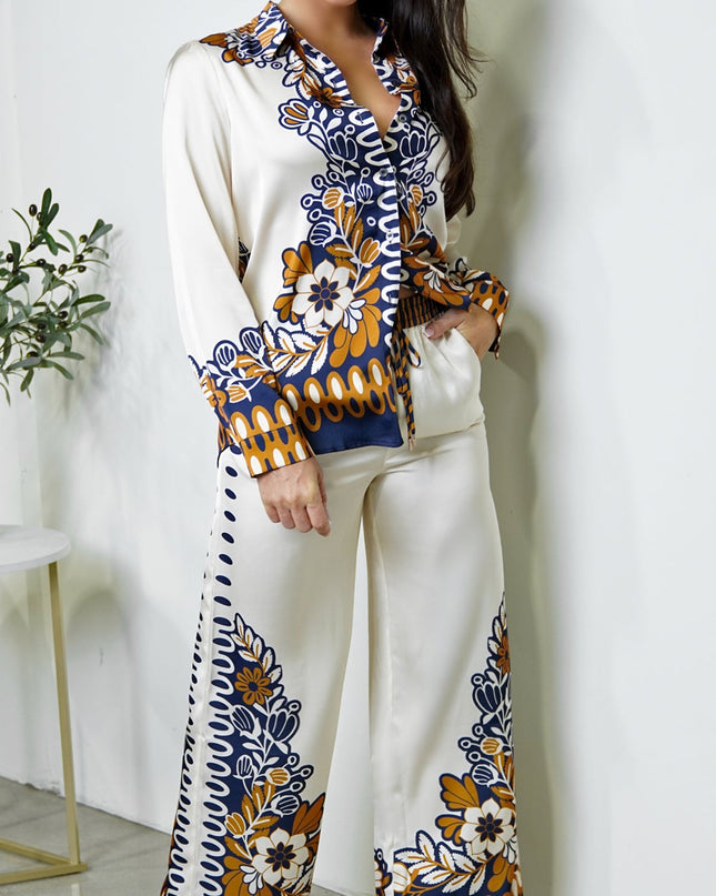 Cream Floral Print Satin Set