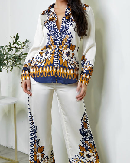 Cream Floral Print Satin Set