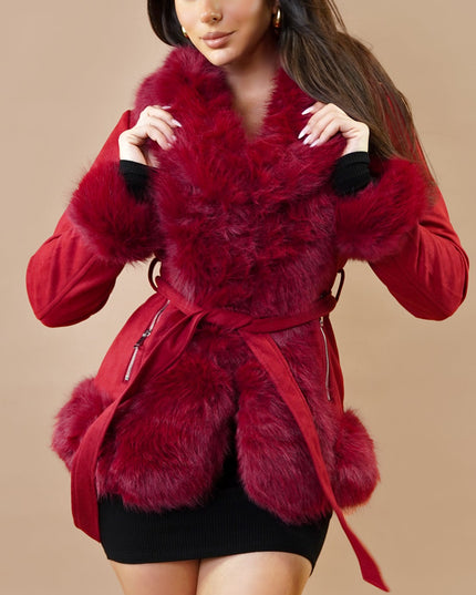 Red Faux Suede Fur Coat
