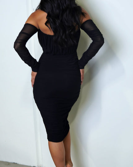 Black Mesh Long Sleeve Ruched Midi Dress