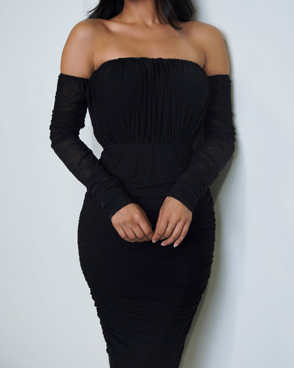 Black Mesh Long Sleeve Ruched Midi Dress