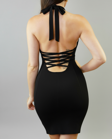 Black Knit Halter Neck Mini Dress