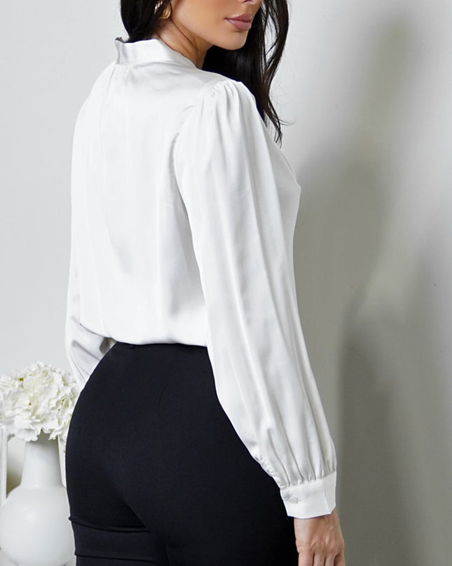 Off White Neck Tie Satin Button Down Shirring Blouse