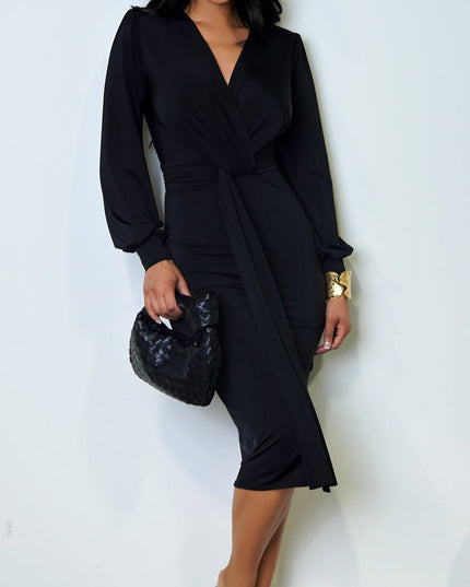 Black Twist Long Sleeve Midi Dress