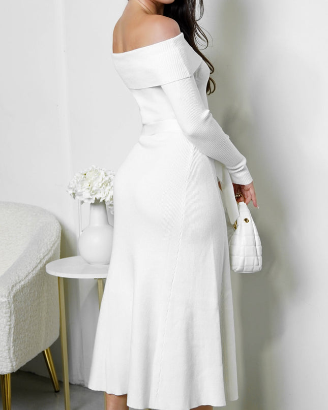 Ivory Off Shoulder Ribbed Midi Dress