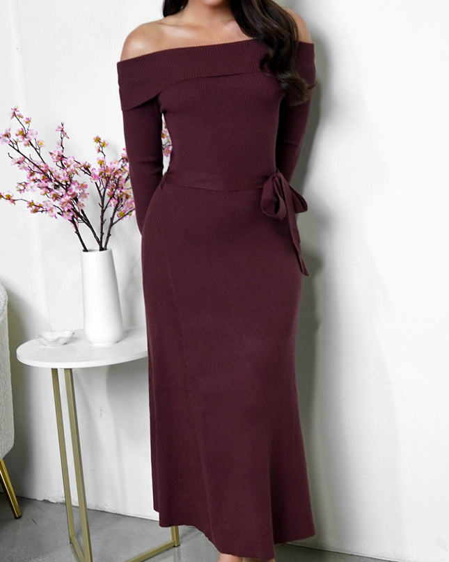 Brown Off Shoulder Ribbed Midi Dress