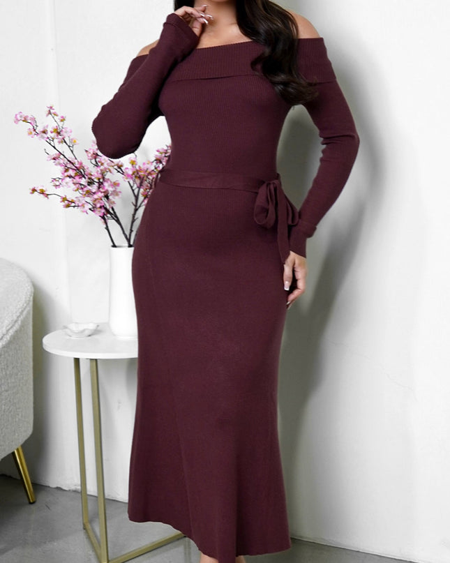 Brown Off Shoulder Ribbed Midi Dress