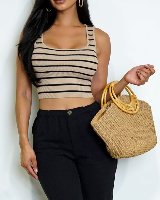 Beige Striped Ribbed Crop Tank Top