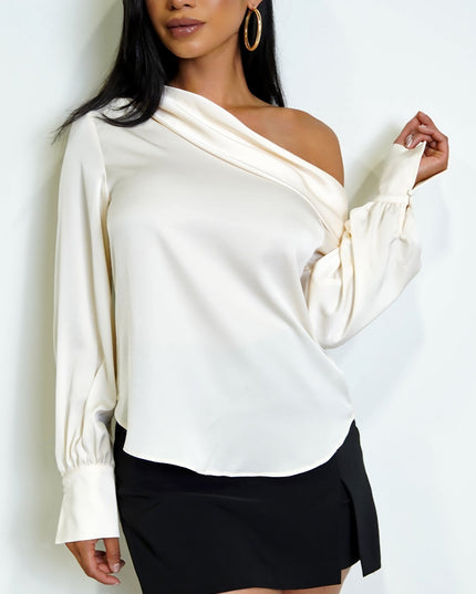 Cream One Shoulder Satin Top