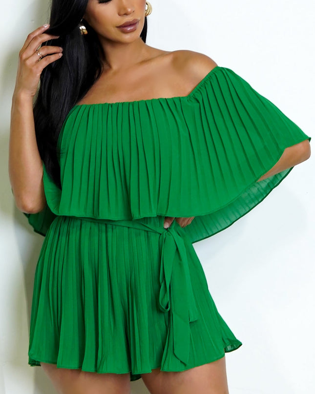 Green Off Shoulder Pleated Romper