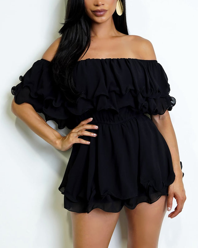 Black Off Shoulder Ruffled Romper