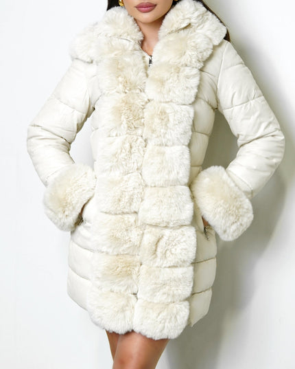 Cream PU Puffer Fur Jacket