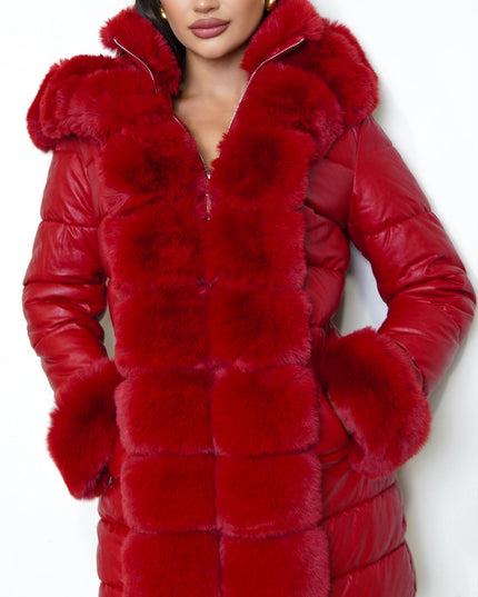 Red PU Puffer Fur Jacket