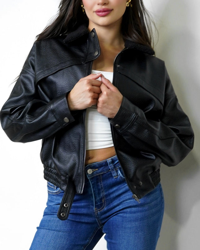 Black Collar PU Leather Jacket