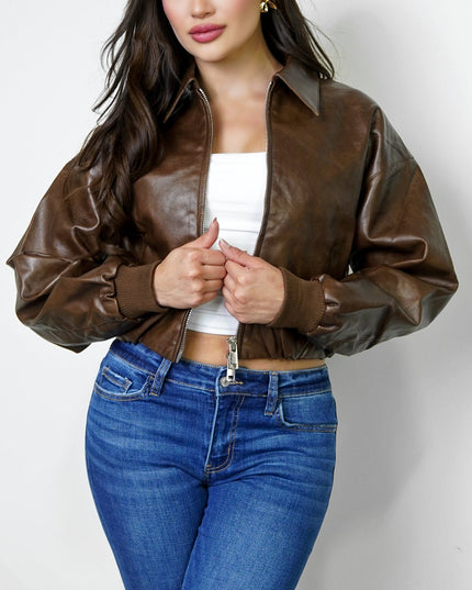 Brown Bomber PU Leather Jacket