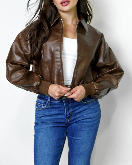 Brown Bomber PU Leather Jacket
