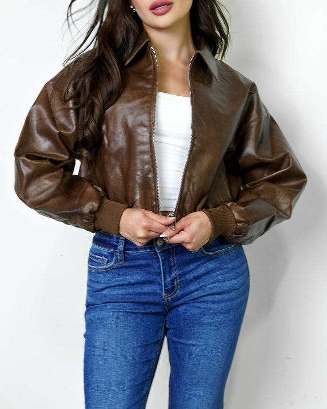 Brown Bomber PU Leather Jacket