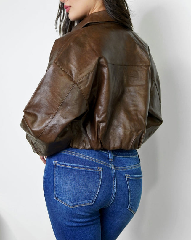 Brown Bomber PU Leather Jacket