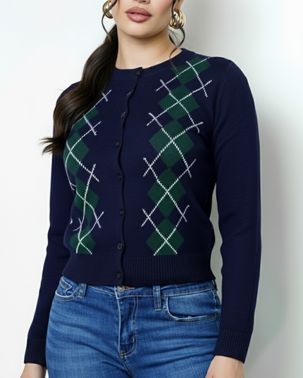 Navy Argyle Knit Cardigan