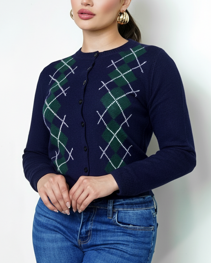 Navy Argyle Knit Cardigan