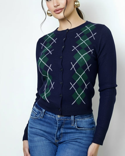 Navy Argyle Knit Cardigan