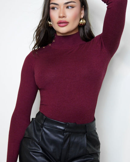 Wine Mock Neck Button Sweater Top