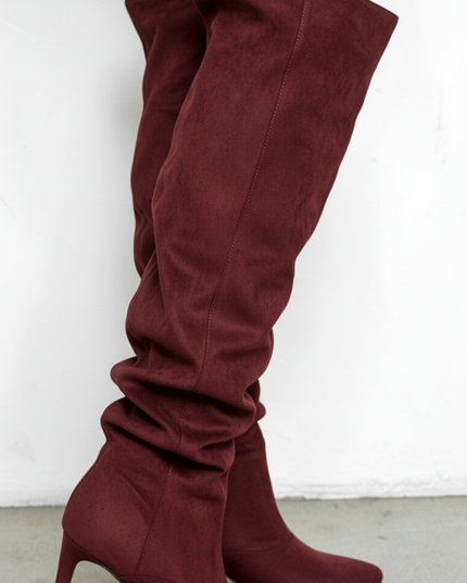 Burgundy Suede Ruched Boots