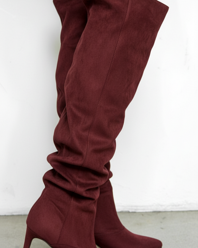 Burgundy Suede Ruched Boots