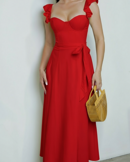 Red Corset Ruffle Midi Dress