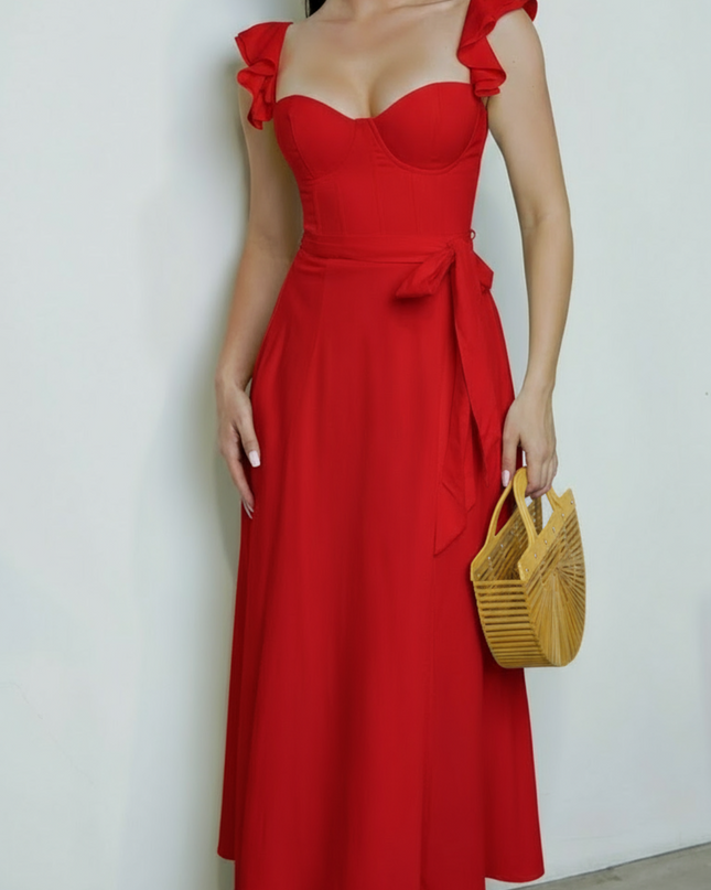 Red Corset Ruffle Midi Dress