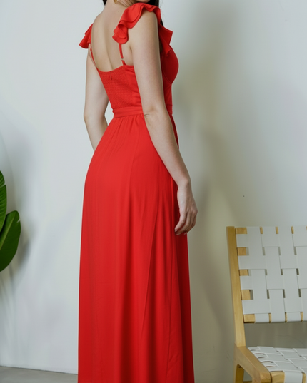 Red Corset Ruffle Midi Dress