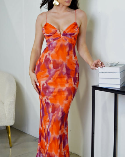 Orange Multi Color Mesh Front V Maxi Dress
