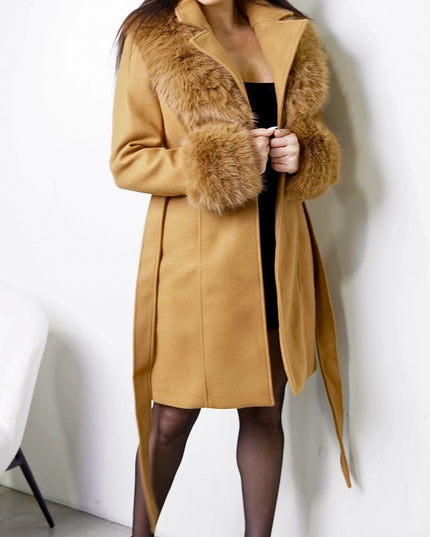 Khaki Faux Fur Belted Coat