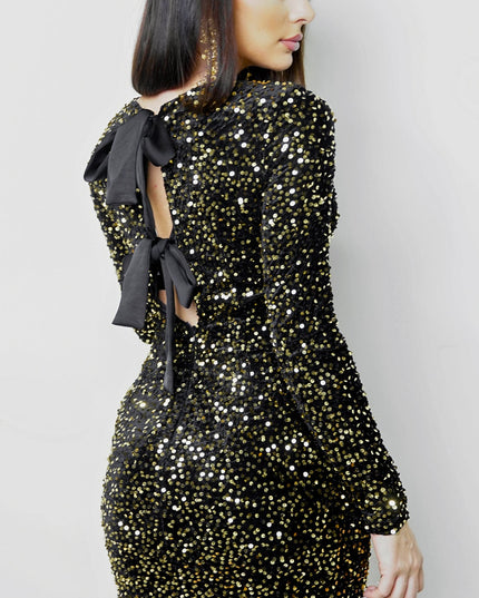 Black Velvet Sequin Long Sleeve Mini Dress