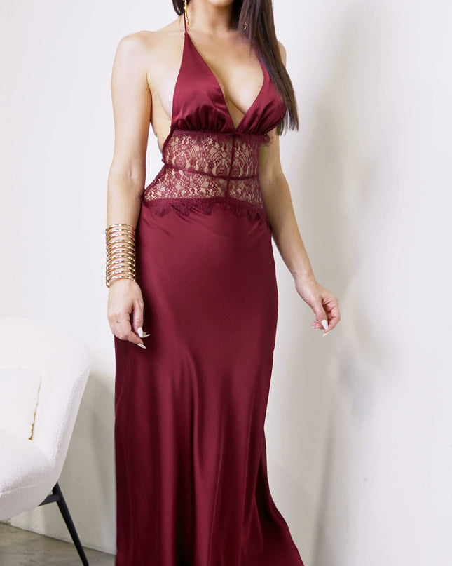 Red Lace Satin Detail Halter Maxi Dress
